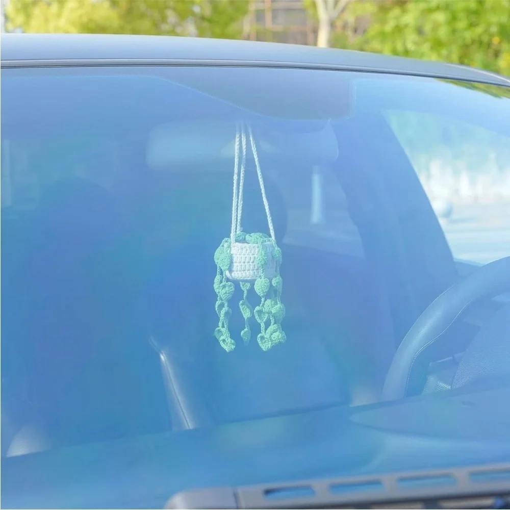 Handmade Woven Plant Pot Yarn Knit Car Mirror/Wall Hanging Cute Garden Accessory - Picture 3 of 5